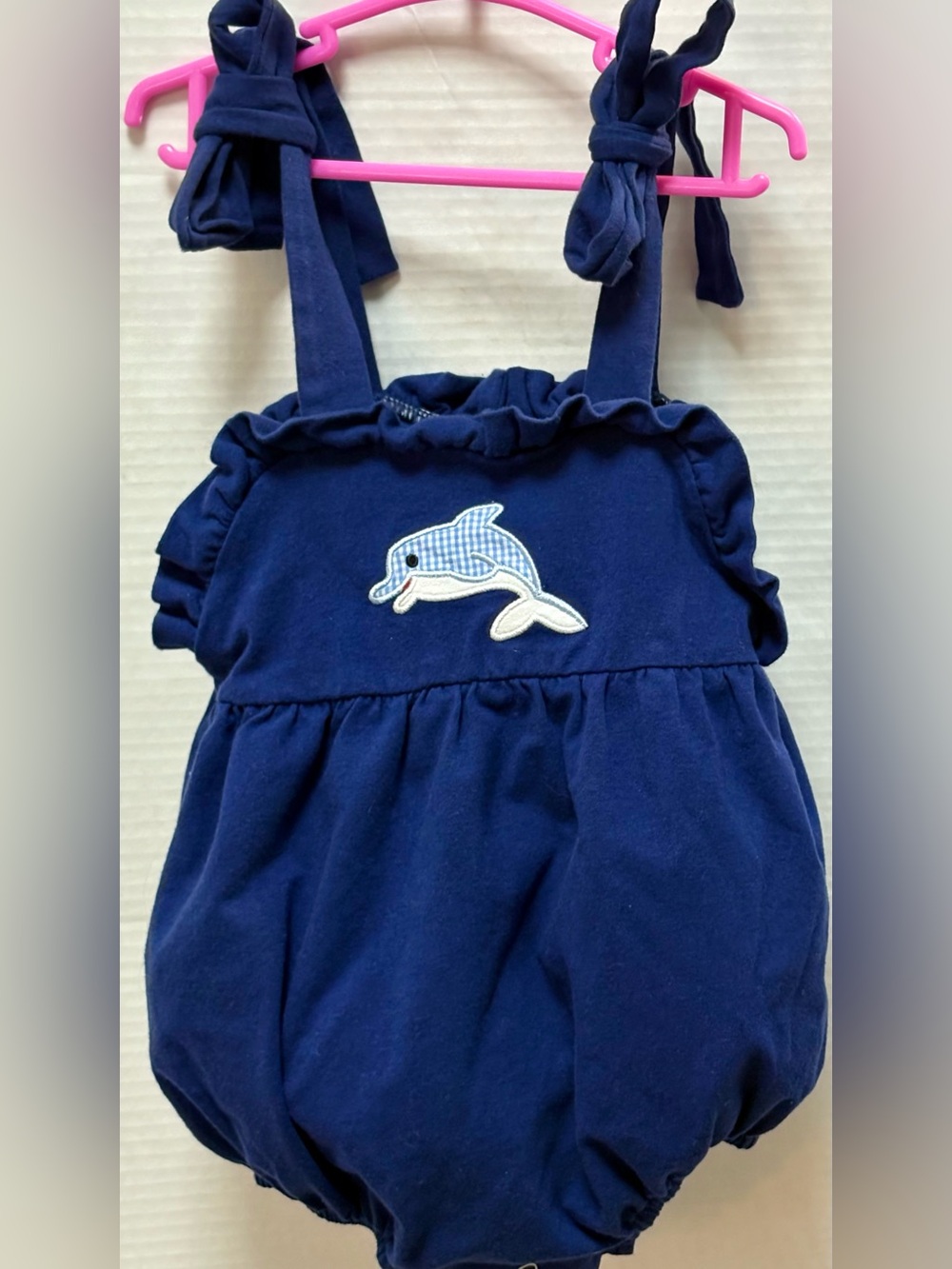 Stitchy Fish Navy Dolphin Tie Strap Bubble Romper Beach Baby size 12M